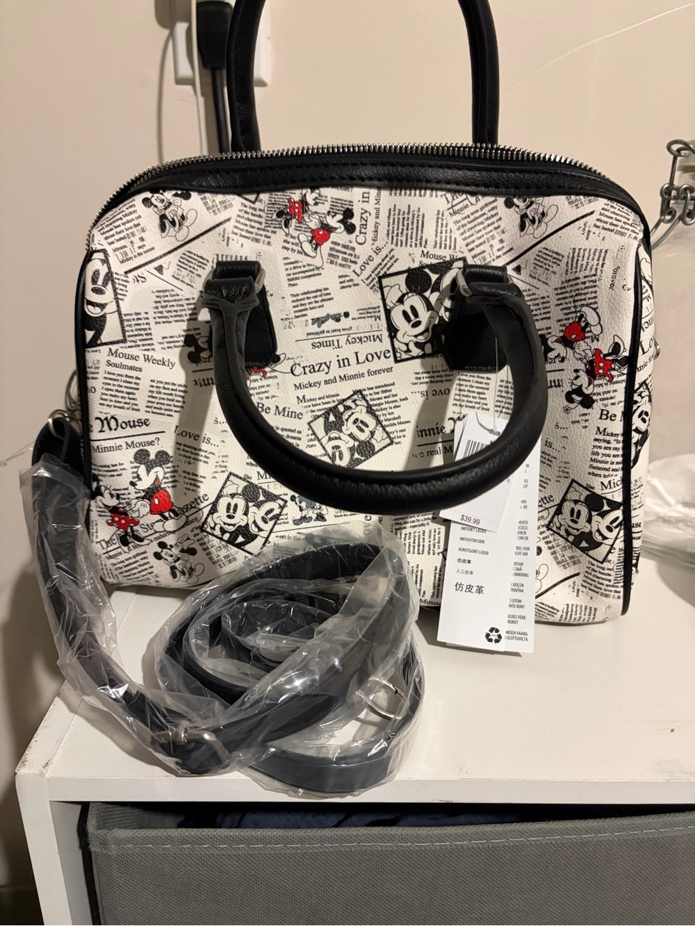 Disney Black & White Newspaper Print Satchel with Red Accents